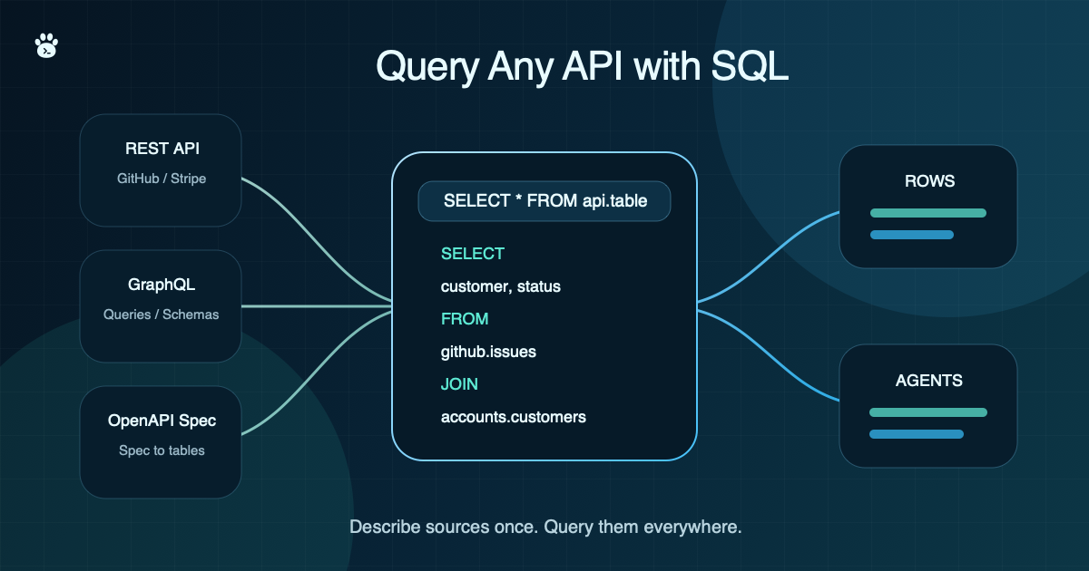 APIs, GraphQL, and OpenAPI specs flowing into a SQL query layer